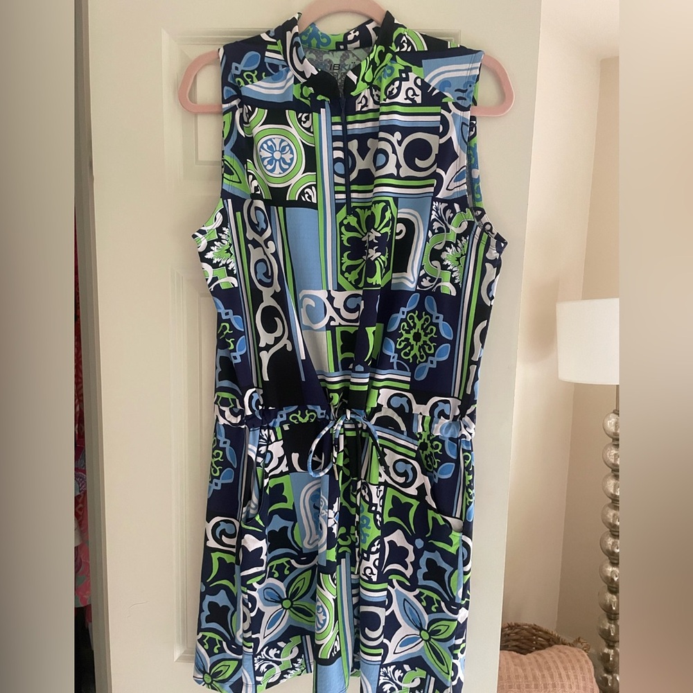 Ibkul UV active dress drawstring waist. Blue and green abstract print. Size L.